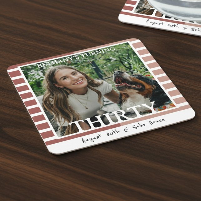 Porta-copo De Papel Quadrado Modern Minimalist Striped 30th Birthday Photo (Celebrate the beginning of a new decade with this Modern Minimalist Striped 30th Birthday Coaster!)
