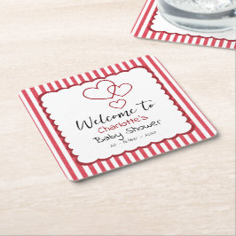 Porta-copo De Papel Quadrado Modern Red Chalk Stripes Triple Hearts Baby Shower