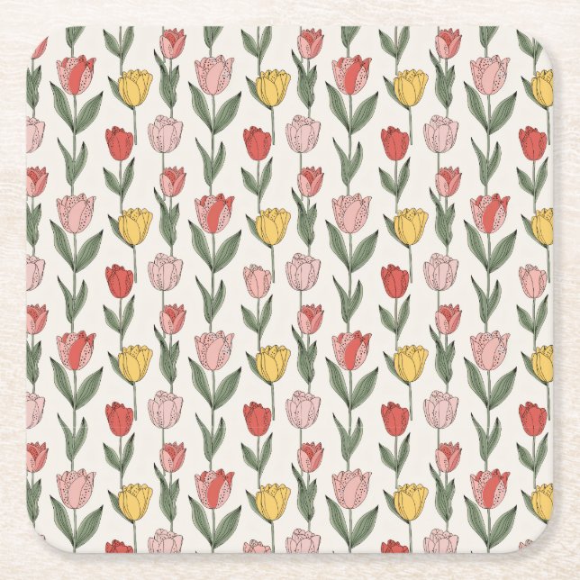Porta-copo De Papel Quadrado Modern Tulip Floral Pattern Soft Botanical Spring (Frente)