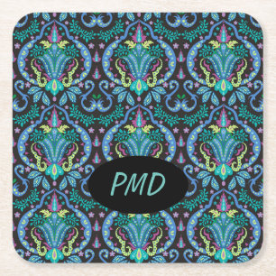 Porta-copo De Papel Quadrado Moderno Damask Art Deco Black Turquoise Blue Name