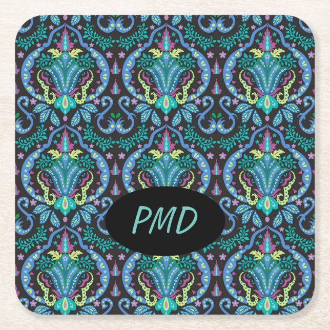 Porta-copo De Papel Quadrado Moderno Damask Art Deco Black Turquoise Blue Name (Frente)