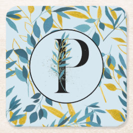 Porta-copo De Papel Quadrado Moderno deixa azul Dourada "letra P"