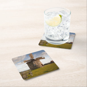 Porta-copo De Papel Quadrado Moinho de vento em campo verde e nuvens brancas e 