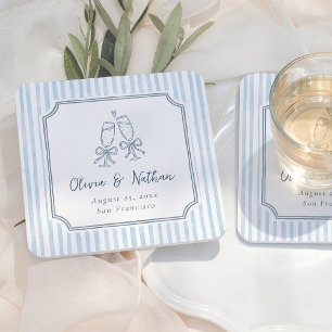 Porta-copo De Papel Quadrado Moldura Caprichosa Listras Azuis Casamento Retro