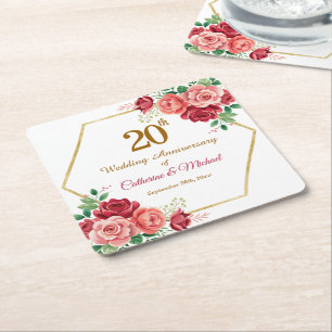 Porta-copo De Papel Quadrado Moldura Dourada de Aniversário de 20 Anos de Casam