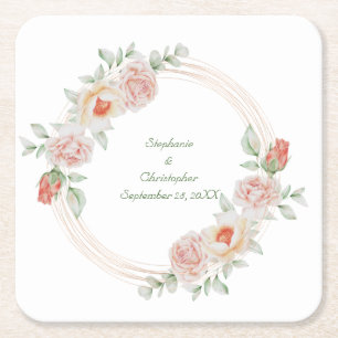 Porta-copo De Papel Quadrado Moldura Dourada Floral Rosa Verde Rosa Peachy Casa