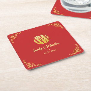 Porta-copo De Papel Quadrado Moldura dourada para casamento chinês com duplo xi