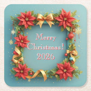 Porta-copo De Papel Quadrado Moldura Festiva de Natal Decorada com Poinsettias