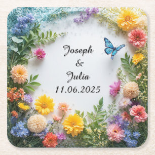 Porta-copo De Papel Quadrado Moldura Floral Colorida com Borboleta Azul