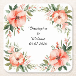 Porta-copo De Papel Quadrado Moldura Floral em Aquarela Elegante
