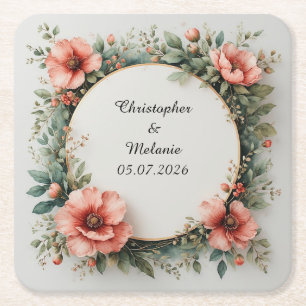 Porta-copo De Papel Quadrado Moldura Floral em Aquarela Elegante
