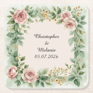 Porta-copo De Papel Quadrado Moldura Floral em Aquarela Elegante