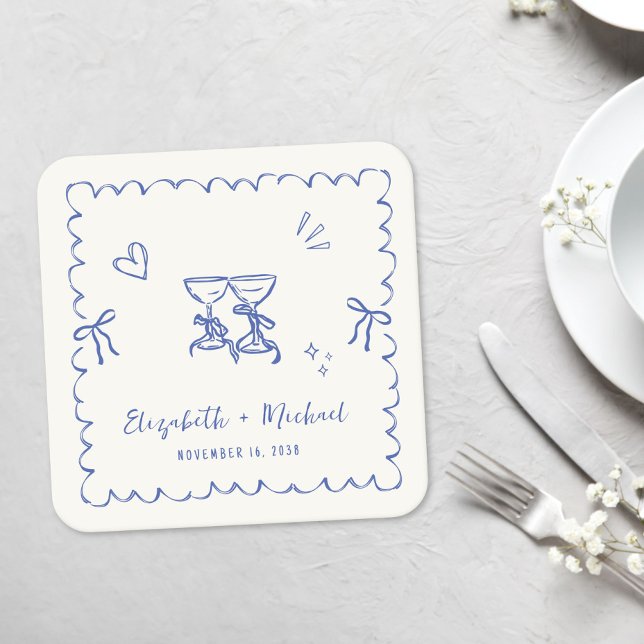 Porta-copo De Papel Quadrado Moldura Ondulada Azul Caprichosa Creme Casamento (Whimsical Blue Wavy Frame Cream Wedding Square Paper Coaster)