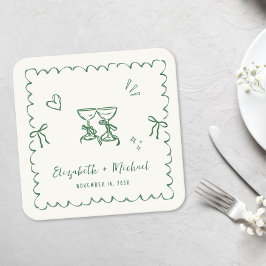 Porta-copo De Papel Quadrado Moldura Ondulada Verde Caprichosa Casamento Creme