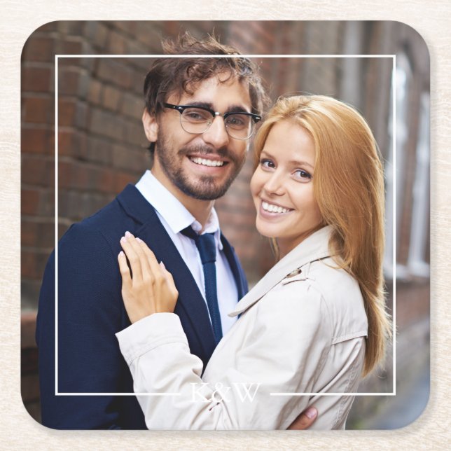 Porta-copo De Papel Quadrado Moldura Quadrada Moderna com Foto Monogramada (Frente)