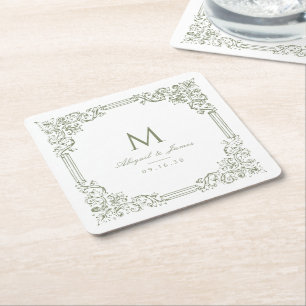 Porta-copo De Papel Quadrado Moldura Vintage Verde Salvia Monograma de Casament
