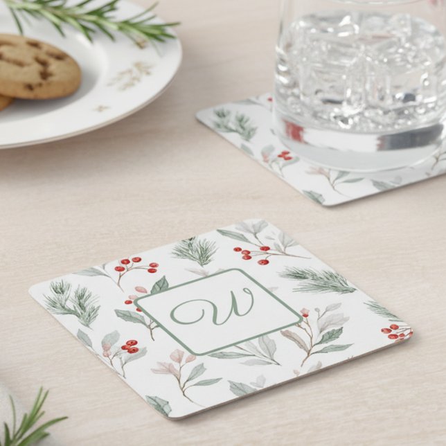 Porta-copo De Papel Quadrado Monogram Winter Botanical Paper Drink Coaster (Holiday party drink coaster)