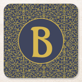 Porta-copo De Papel Quadrado Monograma Azul e Dourado Elegante com Filigrana