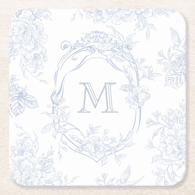 Porta-copo De Papel Quadrado Monograma Azul Floral Inicial Casamento Toile Brid (Frente)
