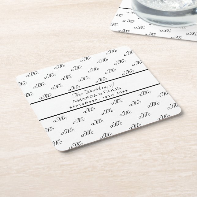 Porta-copo De Papel Quadrado Monograma branco preto — casamento elegante (Inclinado)
