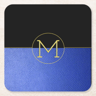 Porta-copo De Papel Quadrado Monograma Círculo Dourado Folha Azul Couro e Pret