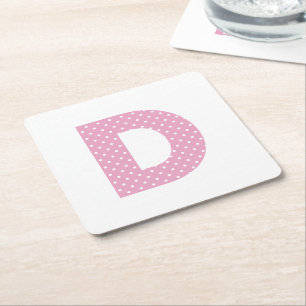 Porta-copo De Papel Quadrado Monograma D Maiúscula Rosa e Branco com Bolinhas