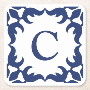 Porta-copo De Papel Quadrado Monograma da imagem de rolagem do jade azul e bran