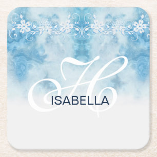 Porta-copo De Papel Quadrado Monograma de Caligrafia Dusty Blue Winter