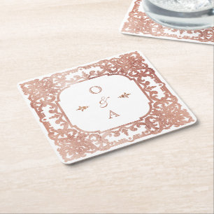 Porta-copo De Papel Quadrado Monograma de casal vintage ornamentado em rosa dou