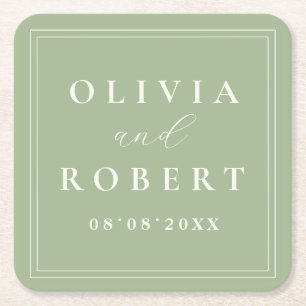 Porta-copo De Papel Quadrado Monograma de Casamento Minimalista em Verde Salvia