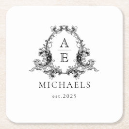 Porta-copo De Papel Quadrado Monograma de Casamento | Porta copos Preta e Branc