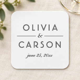 Porta-copo De Papel Quadrado Monograma de Casamento Preto e Branco Elegante