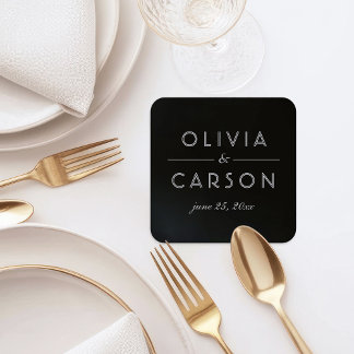 Porta-copo De Papel Quadrado Monograma de Casamento Preto e Branco Elegante