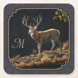 Porta-copo De Papel Quadrado Monograma de Cinzas de carvão vegetal Mule Deer B