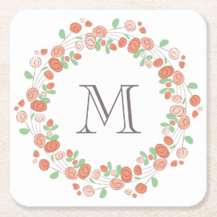 Porta-copo De Papel Quadrado monograma de coral rosa