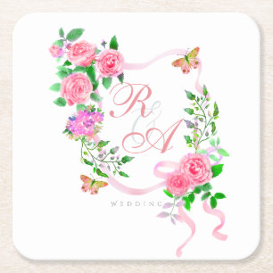 Porta-copo De Papel Quadrado Monograma de fita rosa rosa rosa rosa