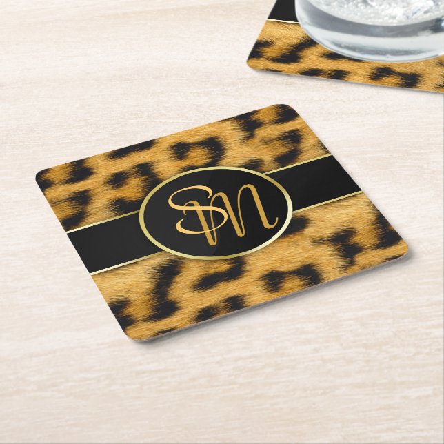 Porta-copo De Papel Quadrado Monograma de Impressão Leopardo Elegante - Porta c (Inclinado)