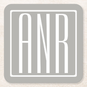 Porta-copo De Papel Quadrado Monograma de Iniciais   Branco Sobre Cinzas Leves