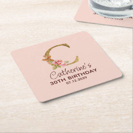 Porta-copo De Papel Quadrado Monograma de letra C dourada com rosas cor de rosa