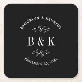 Porta-copo De Papel Quadrado Monograma de Nome de Casal Floral Botânico Preto B