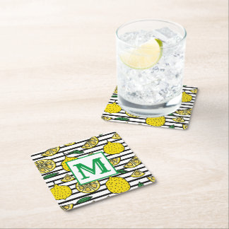 Porta-copo De Papel Quadrado Monograma de padrão preto e branco com limão moder