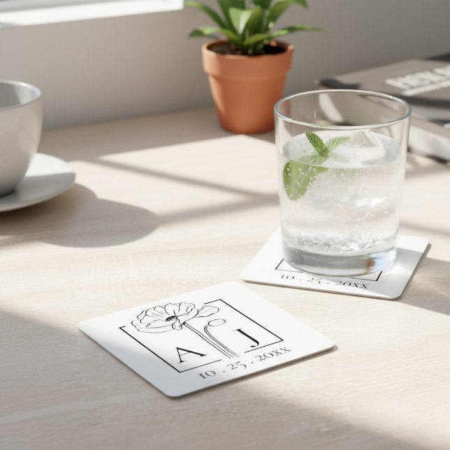 Porta-copo De Papel Quadrado Monograma de Papoula (Poppy Monogram Square Paper Coaster)