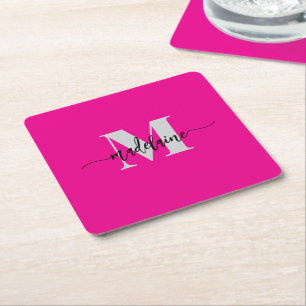 Porta-copo De Papel Quadrado Monograma de prata preta rosa pessoal