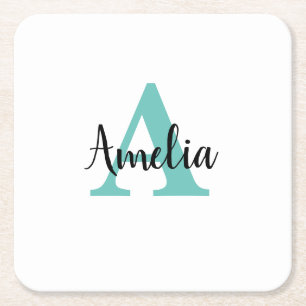 Porta-copo De Papel Quadrado Monograma de Script Turquoise de Nome Personalizad