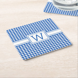 Porta-copo De Papel Quadrado Monograma de Xadrez de Gingham Azul e Branco