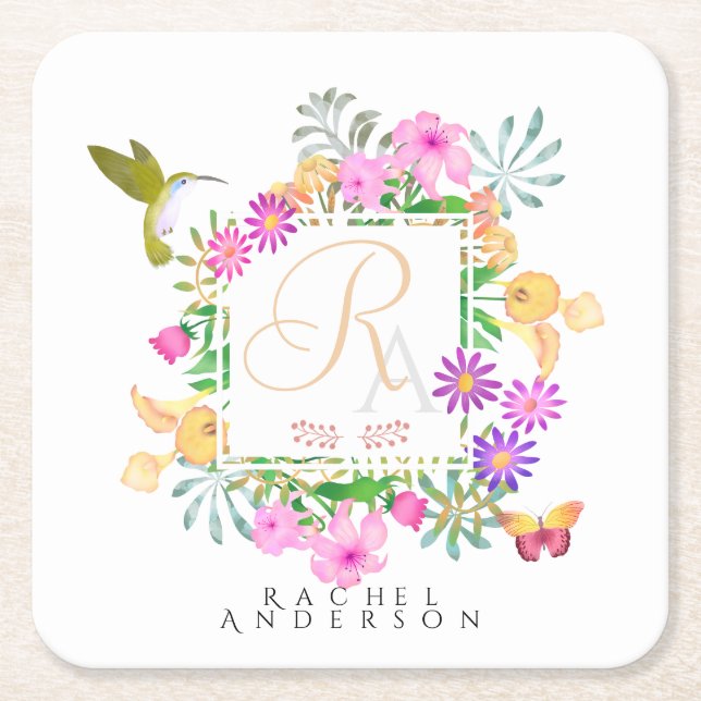 Porta-copo De Papel Quadrado Monograma do Jardim Floral (Frente)