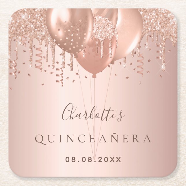 Porta-copo De Papel Quadrado Monograma dos balões de ouro rosa de Quinceanera (Frente)