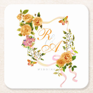 Porta-copo De Papel Quadrado Monograma Dourado de fita Rosa