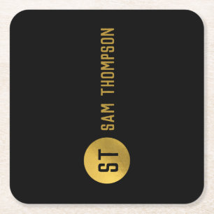 Porta-copo De Papel Quadrado Monograma Dourado e negro elegante