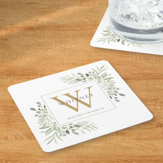 Porta-copo De Papel Quadrado Monograma Dourado Floral Elegante de Folhagem Mode (Gold Monogram Elegant Modern Greenery Floral Square Paper Coaster)
